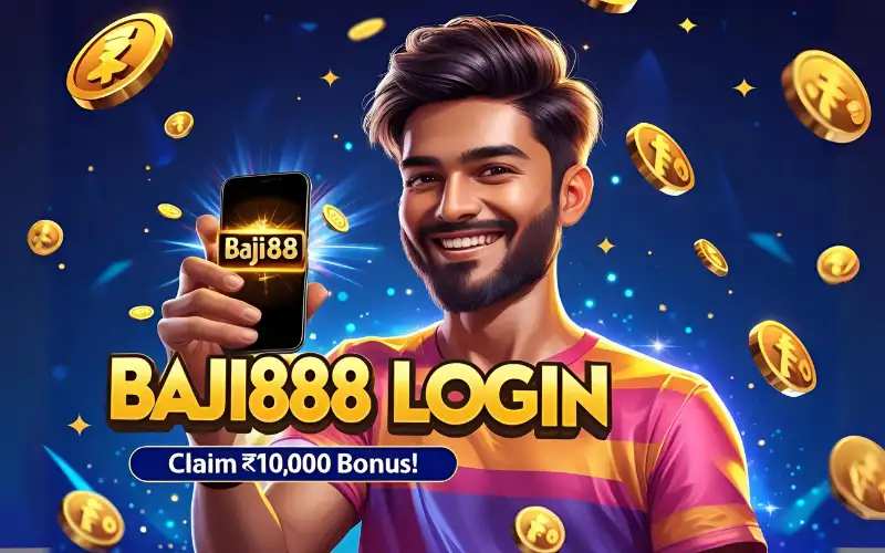 Phone screen with bold “BAJI888 LOGIN” and bonus offer