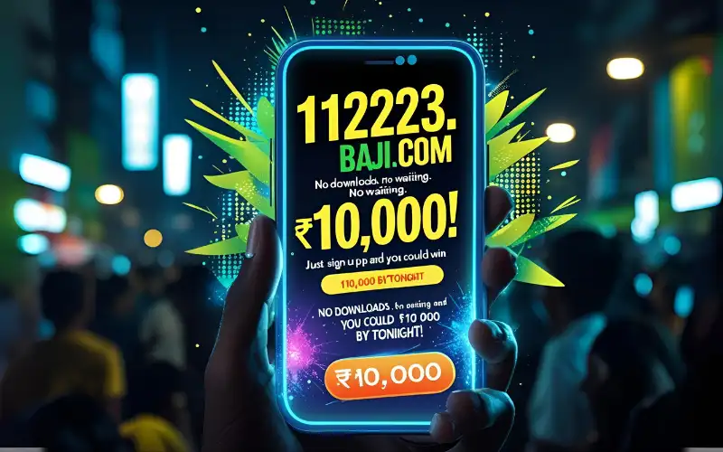 A finger tapping “Play Now” on the 11223 baji com mobile site with a glowing ৳10,000 banner.