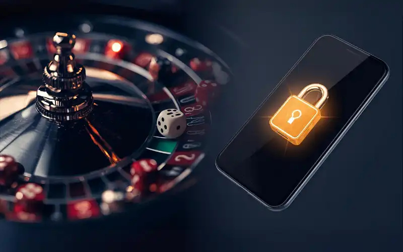 Casino gambling scene with roulette or dice mid-roll (risk) contrasted against a smartphone with a padlock and shield icon (secured).