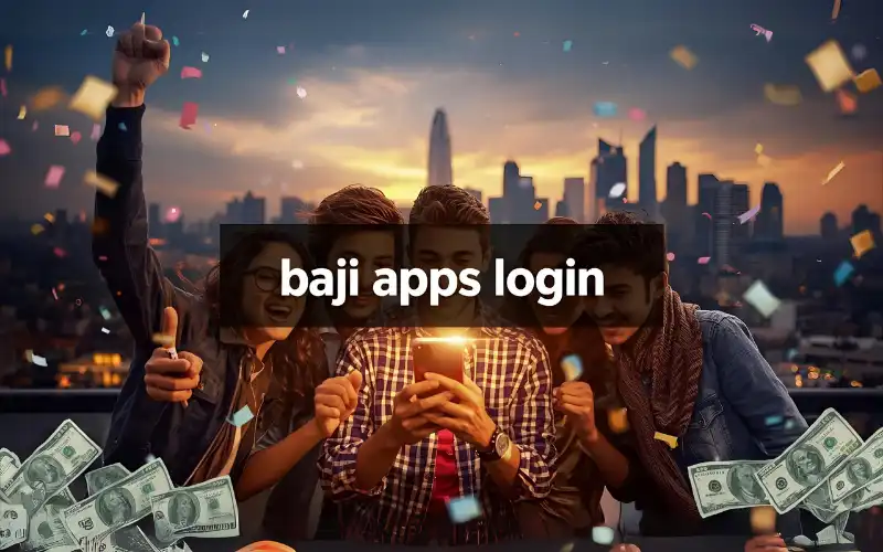 Young people in Dhaka celebrating with a smartphone, confetti and glowing screen symbolizing winning, with text overlay ‘baji apps login’